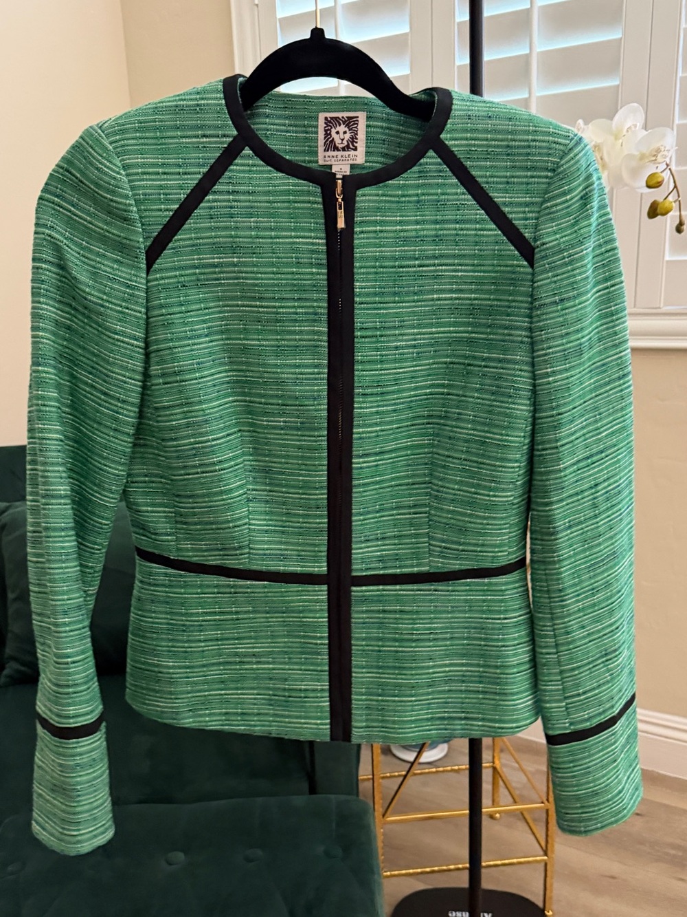 Anne Klein Green Tweed Zip-Front Blazer with Black Trim size 0